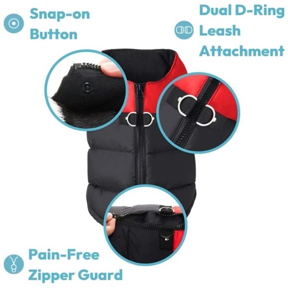 Padded Vest Dog Jacket - Solid Red, Medium - Warm Zip Up Dog Vest Fleece - Picture 5 of 7